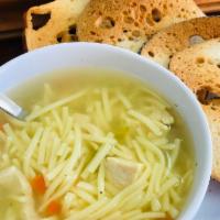 White Meat Only Chicken Noodle Soup  · Served with bagel chips.
