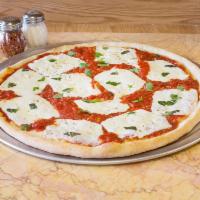 Margherita Pizza · Fresh mozzarella cheese, sliced tomatoes, basil and garlic.