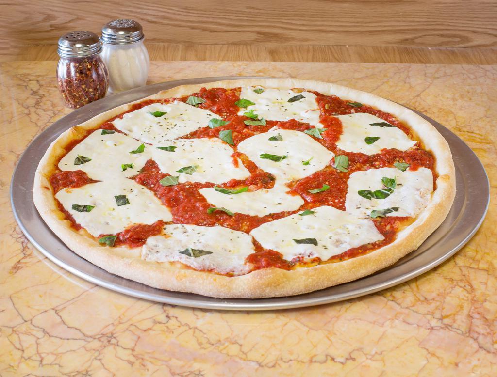 Margherita Pizza · Fresh mozzarella cheese, sliced tomatoes, basil and garlic.