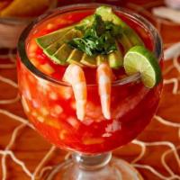 Shrimp Cocktail · Served with natural with shrimp juice or clamato and fresh veggies. Sweet with a delicious k...