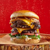 Triple Epic Burger · Three Black Angus beef patties, cheddar, lettuce, tomato, pickle, grilled onion, and Epic sa...