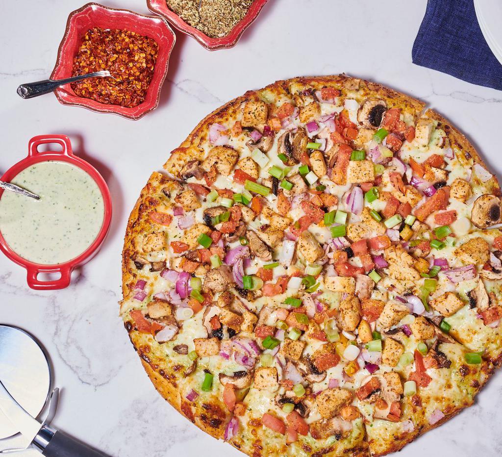 Garlic Chicken Pizza · Garlic mushrooms, red onions, garlic chicken breast, tomatoes and Parmesan  topped with green onions. Comes with premium cheese.