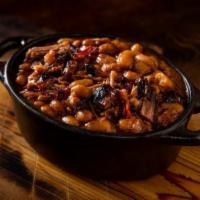 Burnt End Baked Beans · with bacon and pieces of slow-smoked brisket
