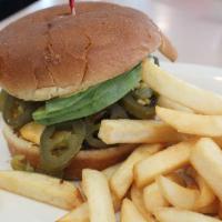 Mexican Burger · With jalapeno, avocado and cheese. Hamburgers served with lettuce, mustard, tomato, onion, p...