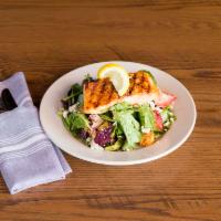 Grilled Salmon Salad · Mixed greens, feta, strawberries, lemon, croutons and all grain mustard.