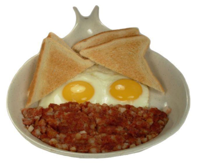 Eggs and Corned Beef Hash Breakfast · Two eggs and corned beef hash.