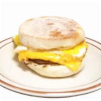 Early Riser Sandwich · An egg, sausage patty or bacon, and melted American cheese on an English muffin.