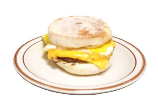 Early Riser Sandwich · An egg, sausage patty or bacon, and melted American cheese on an English muffin.