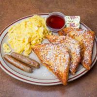 French Double Webb Breakfast · Two eggs, two French toast, and either two strips of bacon or two sausage links.
