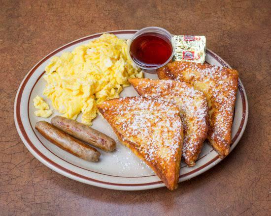 French Double Webb Breakfast · Two eggs, two French toast, and either two strips of bacon or two sausage links.