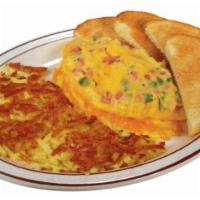 Denver and Cheese Omelet · A fluffy omelet with ham, green peppers, and onions. Served with hashbrowns.