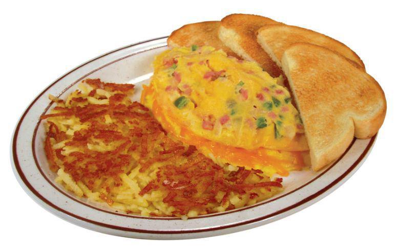 Denver and Cheese Omelet · A fluffy omelet with ham, green peppers, and onions. Served with hashbrowns.