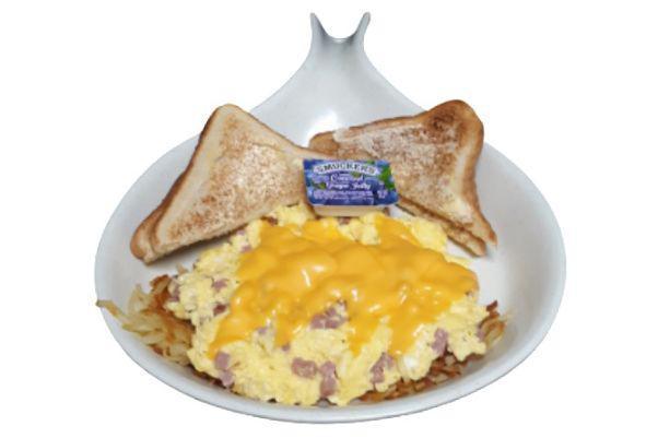 Ham Scrambler · Eggs scrambled with ham and topped with melted American cheese. Served with hashbrowns.