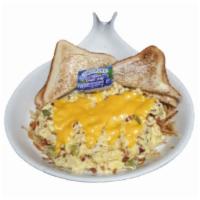 Bacon Scrambler · Eggs scrambled with bacon, green peppers, onions, and topped with melted American cheese. Se...