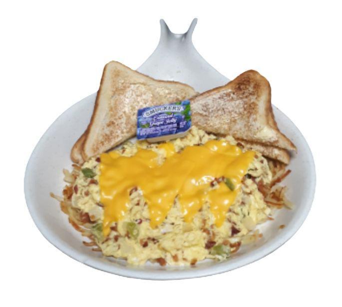 Bacon Scrambler · Eggs scrambled with bacon, green peppers, onions, and topped with melted American cheese. Served with hashbrowns.