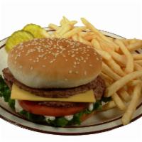 California Burger Combo · A double topped with lettuce, tomato, mayo, and melted American cheese. Served with your cho...