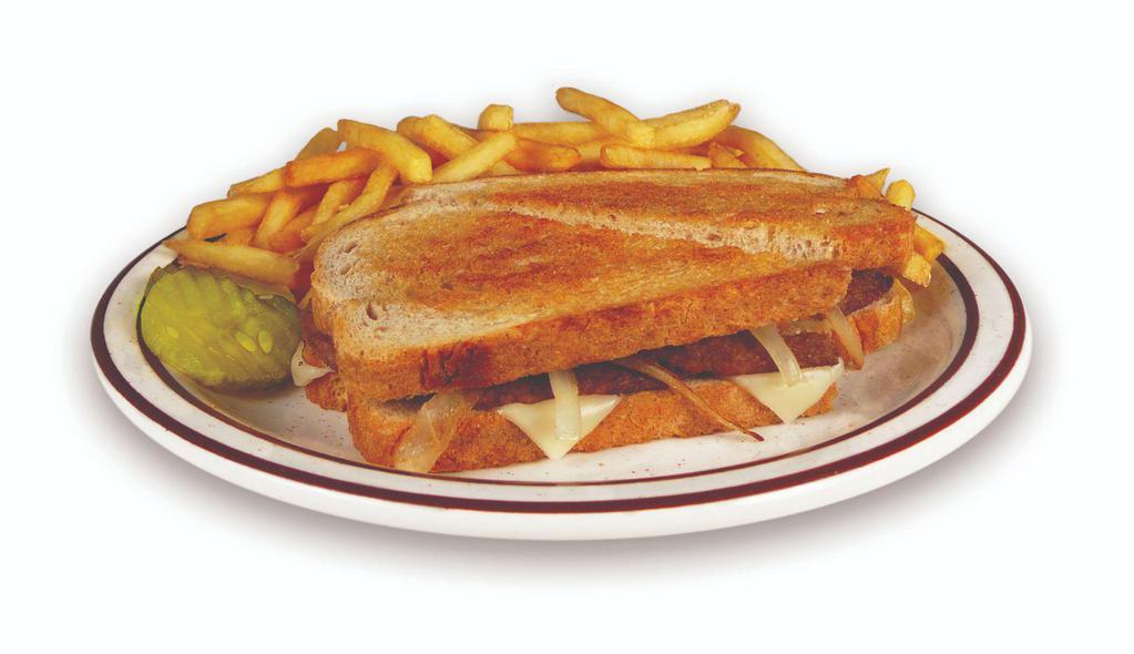 Patty Melt Combo · Two beef patties, fried onions, and Swiss cheese on grilled rye bread. Served with your choice of side.