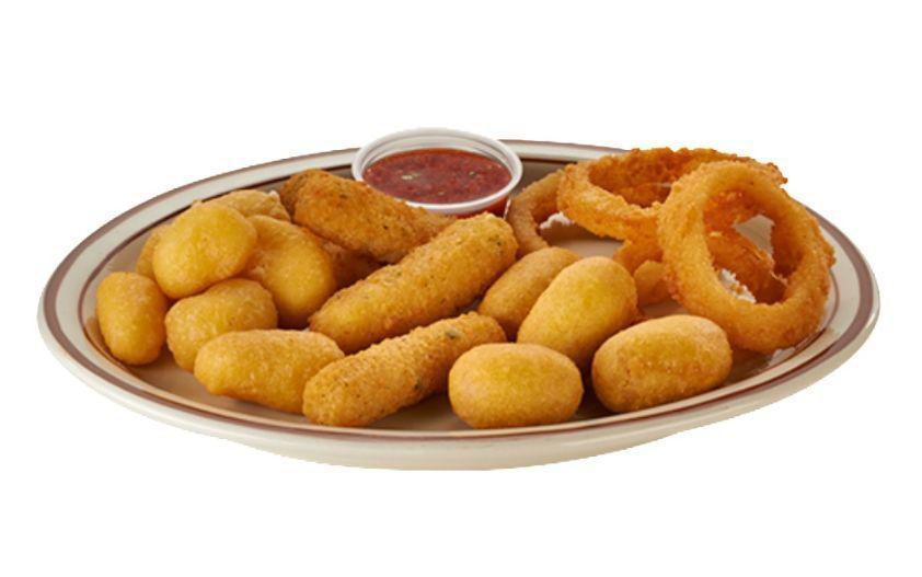 Appetizer Basket · Onion rings, golden mini corn dogs, lightly breaded mozzarella cheese sticks, and irresistible beer battered cheese curds.