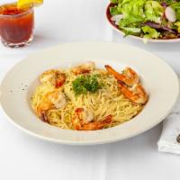*Vermicelli Ala Angelo · Shrimp sauteed in butter, garlic, and wine sauce and served over vermicelli aglio olio.