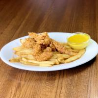 Fried Chicken Tenders · Buttermilk brined, hand breaded chicken tenderloin served with honey mustard and french fries.