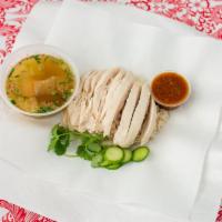 Khao Man Gai (Chicken and Rice) · The classic. Our signature dish. Organic chicken poach, jasmine rice cook in chicken stock, ...