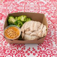 Chicken Peanut · Chicken (Mary’s Organic) and steamed broccoli served on Khao Man Gai Rice (jasmine rice cook...