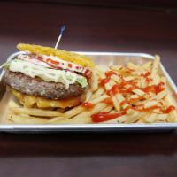 Plantain Burger · Black Angus burger, provolone cheese, lettuce and tomato. Served between 2 crispy tostones.