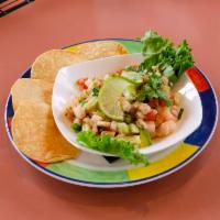 Ceviche · Prawns in lime juice, onions, avocados, tomatoes, jalapenos, cilantro, garlic, salt and blac...