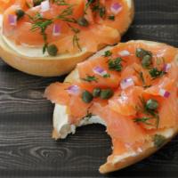 Bagel and Lox Breakfast · Lox, capers, onion,tomato and dill cream cheese on everything bagel.