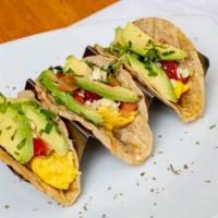 Breakfast street Tacos · corn tortillas, scrambled eggs, avocado, jack cheese, pico de gallo, 