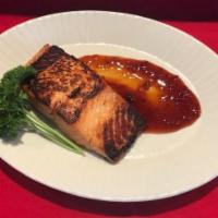 Whiskey Salmon Dinner · House marinated with Kentucky’s finest with your choice of side dish