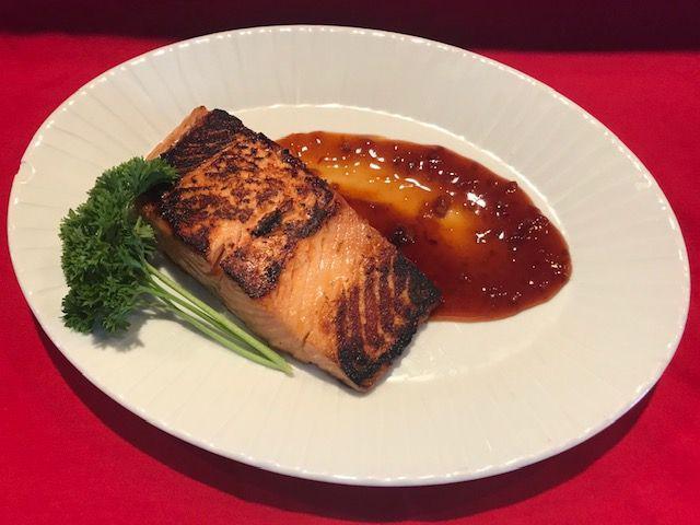 Whiskey Salmon Dinner · House marinated with Kentucky’s finest with your choice of side dish