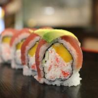 Flaming Mango Roll · Crab, mango, avocado, cucumber topped with tuna and spicy miso sauce.