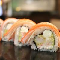 Temptation Roll · Cooked. Spicy. Shrimp tempura, crab, avocado, cream cheese topped with crab sticks and 4 sau...