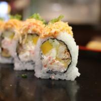 Amazing Spider Roll · Mango, soft shell crab, crab meat, cucumber, avocado topped with spicy crab meat and yuzu sa...