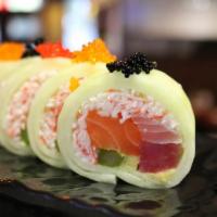 Chef's Special Roll · 5 assorted fish, crab, asparagus, avocado wrapped in cucumber with red caviar (no rice).