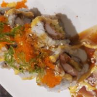 Spicy Cowboy Roll · tempura shrimp, crab stick, avocado, spicy mayo, wasabi mayo, eel sauce, masago, togarashi p...