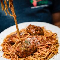Spaghetti with 2 Homemade Meatballs · Dante favorite.