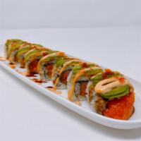 Lambada Roll · In: spicy salmon. Out: avocado and tobiko with house sauce. Hot and spicy.