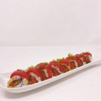 Hawaiian Roll · In: spicy tuna, cucumber. Out: tuna, green onion, tobiko with peanut sauce. Hot and spicy.