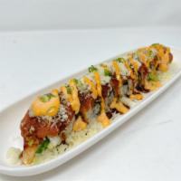 Mowry Roll · In: tempura shrimp, cucumber. Top: spicy tuna, crunch, tobiko, and green onion with eel sauc...