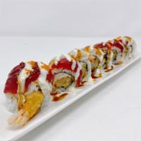 Candy Cane Roll · In: tempura shrimp, real crab, and cucumber. Out: tuna, escolar, and tobiko with special sau...