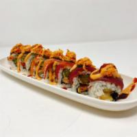 Hella Hot Roll · In: tempura salmon, asparagus, and spicy tuna. Out: tuna, salmon, hamachi, unagi, spicy crab...