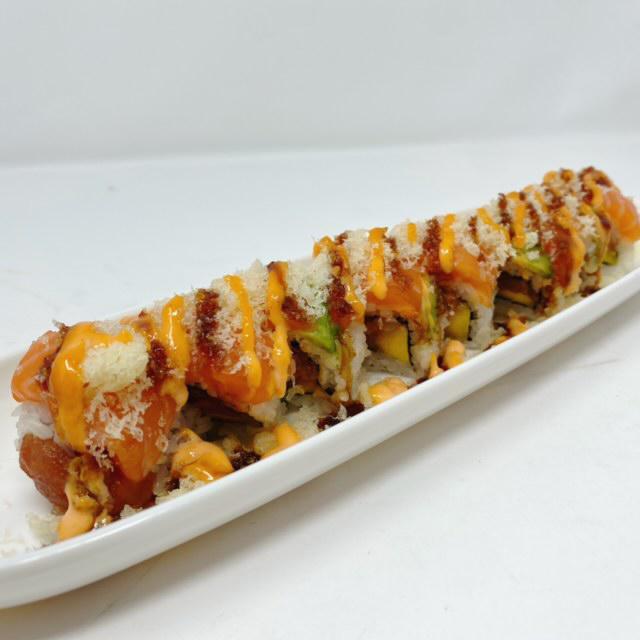 Mango Crunch Roll · In: mango, spicy tuna, cucumber. Out: salmon, avocado, crunch, tobiko with spicy mayo and unagi sauce. Hot and spicy.