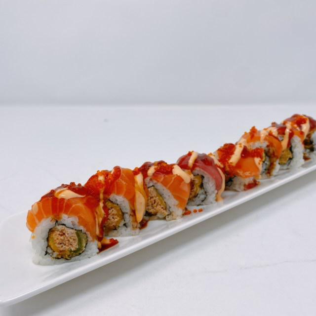Fireman Roll · In: deep-fried jalapeno, spicy tuna, and cream cheese. Out: salmon and tuna with special sauce. Hot and spicy.