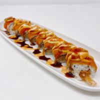 Halfmoon Bay Roll · In: tempura shrimp, real crab, and cucumber. Top: spicy tuna and mango with special sauce. H...
