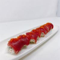 Golden Gate Roll · In: real crab and avocado. Top: tuna with tobiko.