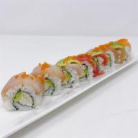 Rainbow Roll · In: real crab and avocado. Out: assorted fishes and tobiko.