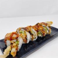 Musashi Cooked Roll · In: deep-fried soft shell crab, avocado, cucumber, and lettuce. Out: unagi and avocado with ...