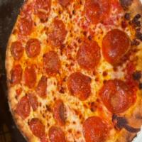 Pepperoni Pizza · Hand-grated Asiago and mozzarella cheese with sliced pepperoni and tomato.